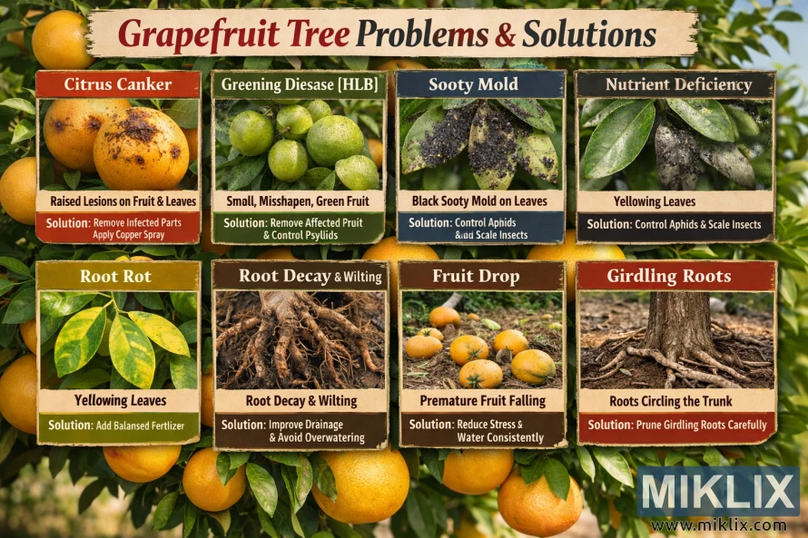 Infográfico mostrando problemas comuns em árvores de toranja, como cancro cítrico, esverdeamento, fumagina, deficiência de nutrientes, podridão radicular, queda de frutos e estrangulamento das raízes, com fotos e soluções para cada um.
