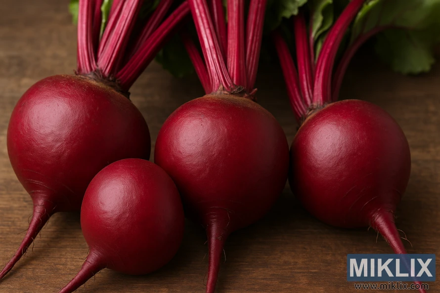 Свіжий темно-червоний буряк сорту Детройт з насиченим червоним кольором та круглою формою на дерев'яній поверхні. Свіжий темно-червоний буряк сорту Детройт з насиченим червоним кольором та круглою формою на дерев'яній поверхні.