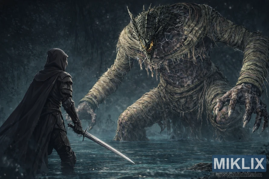 Dökk fantasíumynd af Tarnished með sverði á meðan þeir standa frammi fyrir risavaxna Dragonkin-hermanninum frá Nokstella í glóandi vatni Ainsel-árinnar. Dökk fantasíumynd af Tarnished með sverði á meðan þeir standa frammi fyrir risavaxna Dragonkin-hermanninum frá Nokstella í glóandi vatni Ainsel-árinnar.