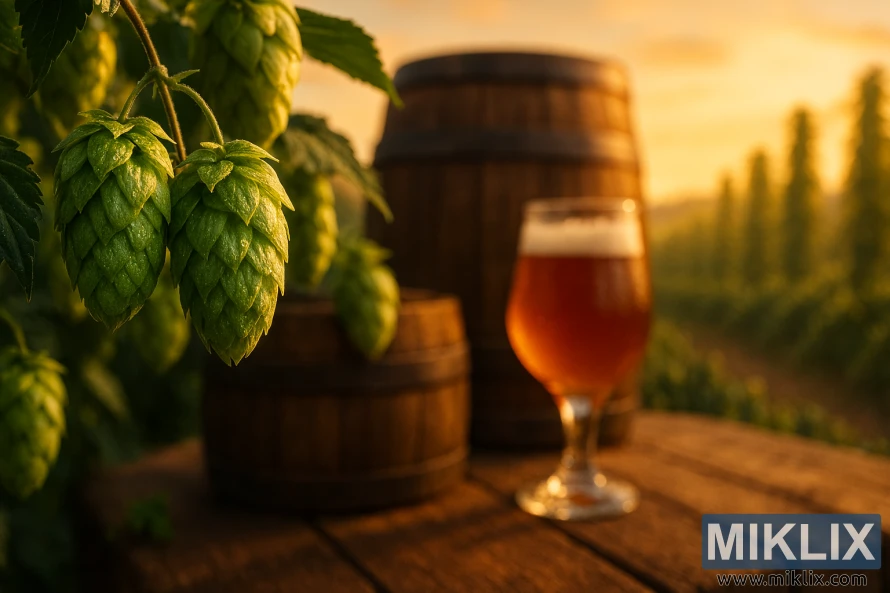 Close-up of Warrior hops with brewing barrels and amber beer at sunset
