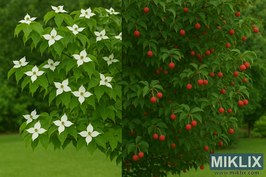 Imatge de cornejo de Kousa, un amb bràctees blanques i l'altre amb fruits vermells.