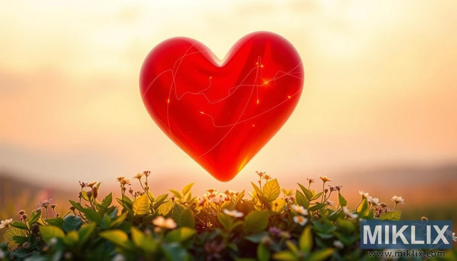 Бљештаво гримизно срце окружено зеленим лишћем и цвећем у златној светлости.