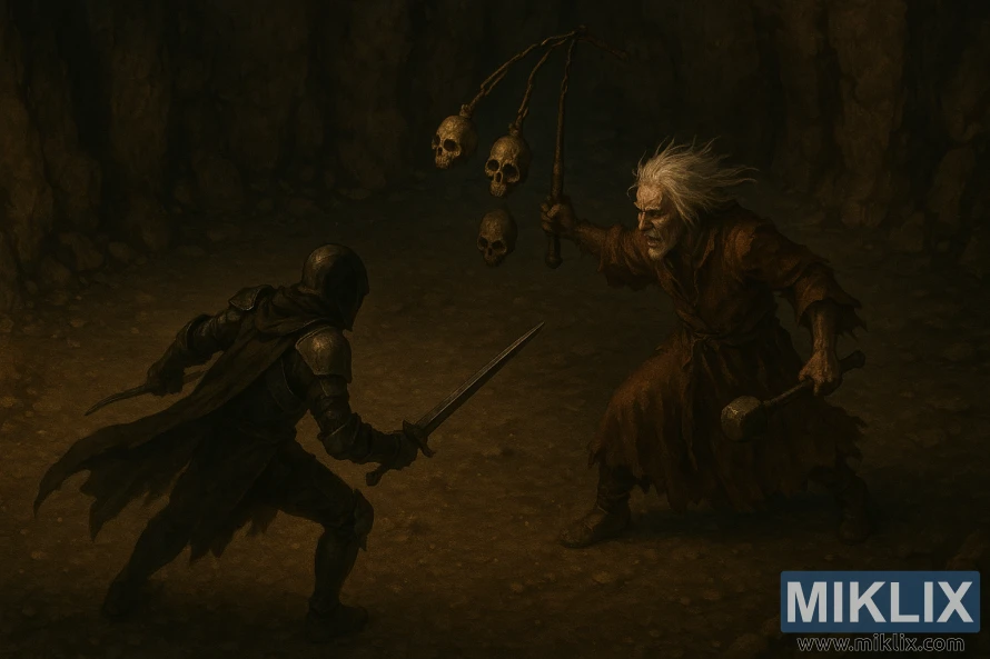 Realistic dark fantasy scene of the Black Knife–armored Tarnished facing Necromancer Garris wielding a skull flail and mace in a shadowy cave. Realistic dark fantasy scene of the Black Knife–armored Tarnished facing Necromancer Garris wielding a skull flail and mace in a shadowy cave.