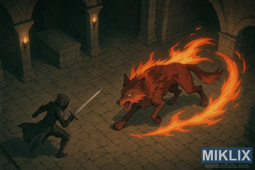 Isometric anime-style view of a Tarnished in Black Knife armor facing the flaming Red Wolf inside Gelmir Hero’s Grave.