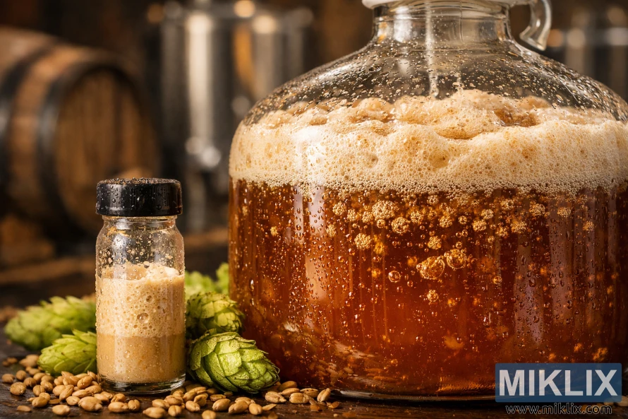 特寫:一個裝滿冒泡琥珀色啤酒的玻璃發酵罐,前景中可以看到一小瓶酵母、啤酒花和麥芽,背景是柔和模糊的釀酒廠。 特寫:一個裝滿冒泡琥珀色啤酒的玻璃發酵罐,前景中可以看到一小瓶酵母、啤酒花和麥芽,背景是柔和模糊的釀酒廠。