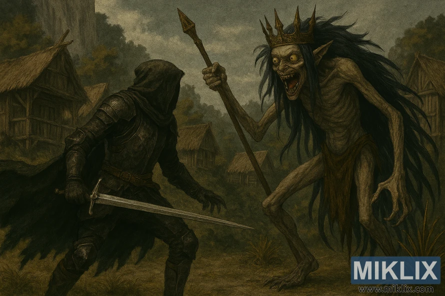 Dark fantasy painting of Tarnished confronting Demi-Human Queen Maggie in Elden Ring's Hermit Village