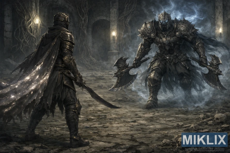 କୁହୁଡ଼ିରେ ପରିପୂର୍ଣ୍ଣ ପଥର କ୍ୟାଟାକମ୍ବ ଭିତରେ ଏକ ଦ୍ୱି-କୁରାଢ଼ୀ ଡେଥ୍ ନାଇଟ୍ ସହିତ ମୁହାଁମୁହିଁ ହେଉଥିବା କଳା ଛୁରୀ କବଚ ପିନ୍ଧିଥିବା କଳଙ୍କିତଙ୍କ ଅନ୍ଧକାର କାଳ୍ପନିକ ଦୃଶ୍ୟ।