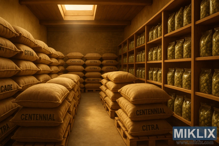 Организованное помещение для хранения хмеля с мешками из мешковины и золотистым светом, проникающим через световое окно. Организованное помещение для хранения хмеля с мешками из мешковины и золотистым светом, проникающим через световое окно.