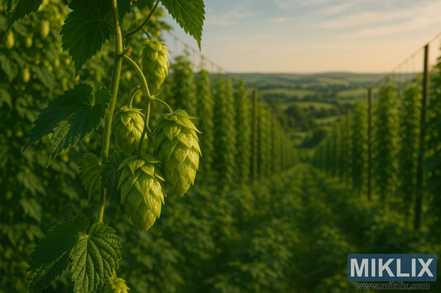 ఆకుపచ్చ తీగలు మరియు ముందు భాగంలో వివరణాత్మక శంకువులతో, బంగారు కాంతితో మెరుస్తున్న సూర్యకాంతిలో వెలిగే సస్సెక్స్ హాప్ ఫీల్డ్. ఆకుపచ్చ తీగలు మరియు ముందు భాగంలో వివరణాత్మక శంకువులతో, బంగారు కాంతితో మెరుస్తున్న సూర్యకాంతిలో వెలిగే సస్సెక్స్ హాప్ ఫీల్డ్.