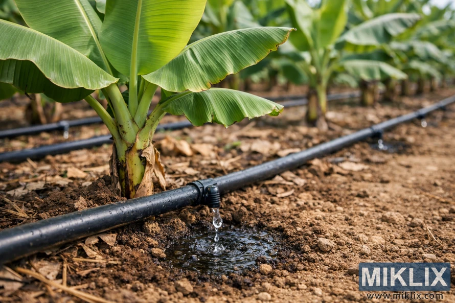 Banana plant being watered with a drip irrigation system delivering water directly to the soil at the base of the plant
