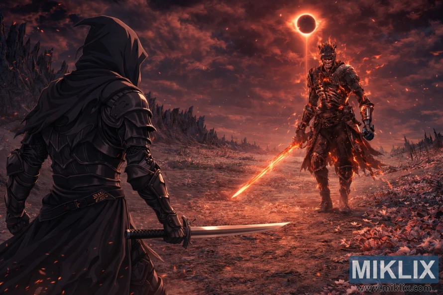 جنگجوی زره‌پوش به سبک انیمه با شمشیر، در زیر خورشیدگرفتگی آتشین در میدان نبردی متروک، رو در روی شوالیه‌ای گداخته و شعله‌ور قرار گرفته است.