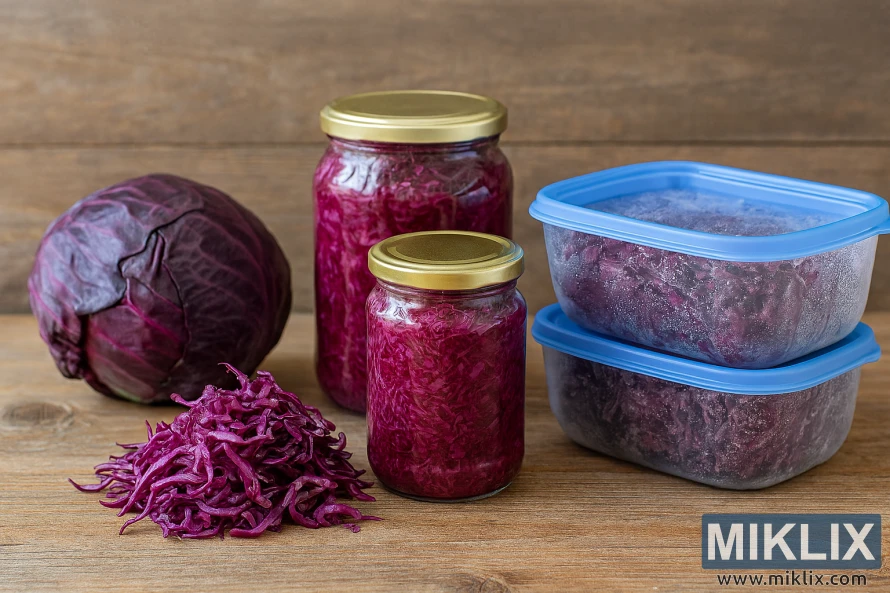 Fresh, fermented, and frozen red cabbage on rustic wood surface