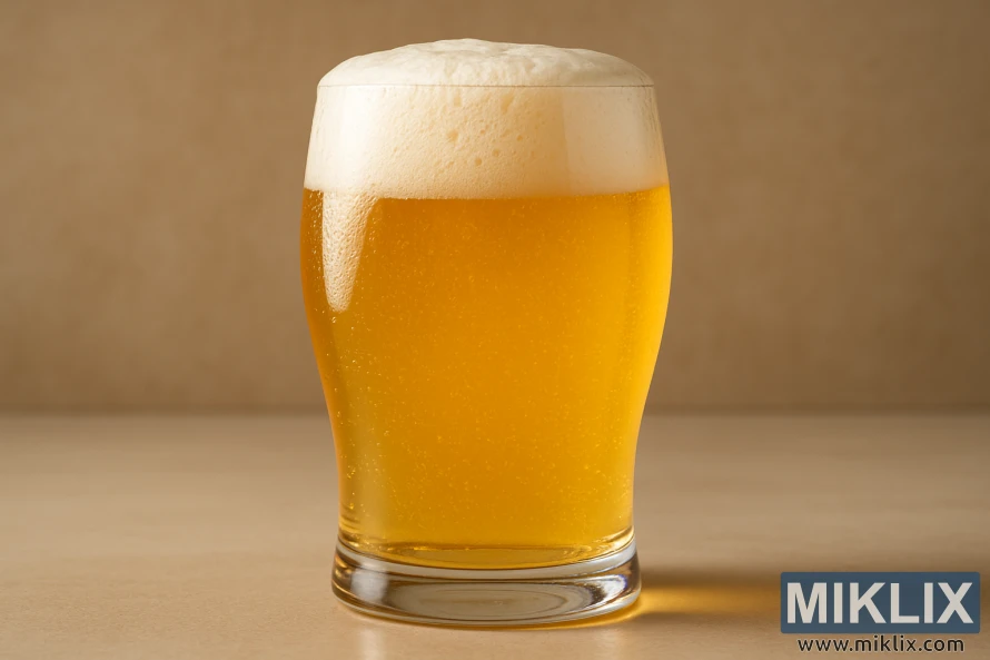 Segelas bir berwarna emas pucat dengan busa kental dan lembut serta gelembung yang mengepul, diletakkan di atas permukaan reflektif dengan latar belakang netral. Segelas bir berwarna emas pucat dengan busa kental dan lembut serta gelembung yang mengepul, diletakkan di atas permukaan reflektif dengan latar belakang netral.