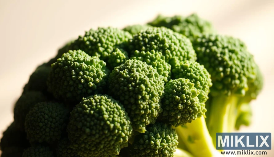 Close-up van verse broccoliroosjes met een ruw oppervlak onder warm natuurlijk licht. Close-up van verse broccoliroosjes met een ruw oppervlak onder warm natuurlijk licht.