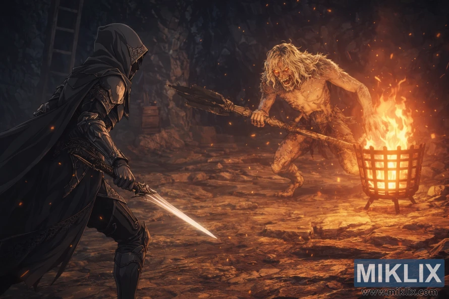 Anime style fan art of a Black Knife armored Tarnished facing the Scaly Misbegotten boss in a dim cave lit by fire, moments before battle.