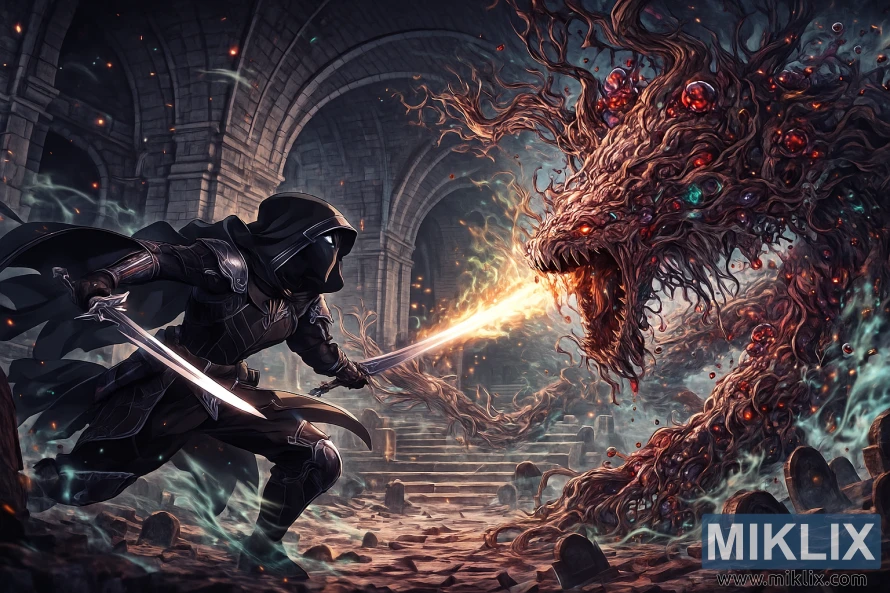 Anime-style depiction of a Tarnished in Black Knife armor fighting a fiery Putrid Tree Spirit inside ancient catacomb ruins. Anime-style depiction of a Tarnished in Black Knife armor fighting a fiery Putrid Tree Spirit inside ancient catacomb ruins.