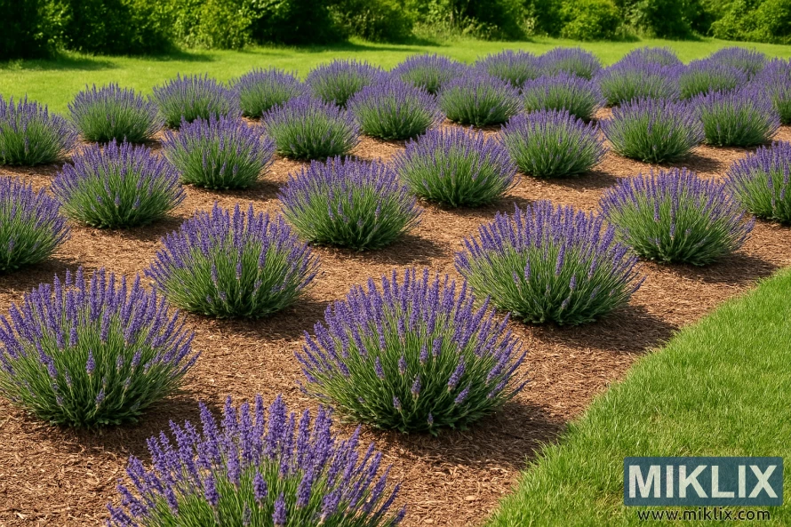 Velholdt lavendelhave med jævnt fordelte planter, pæn barkflis og livlige lilla blomster på en solrig sommerdag. Velholdt lavendelhave med jævnt fordelte planter, pæn barkflis og livlige lilla blomster på en solrig sommerdag.