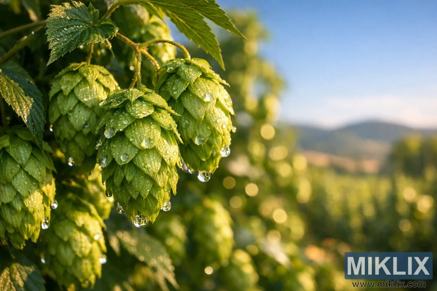 Krupni plan svježih zelenih australskih češera hmelja s kapljicama rose, nasuprot blago zamućenog polja hmelja, valovitih brežuljaka i plavog neba na toplom suncu.