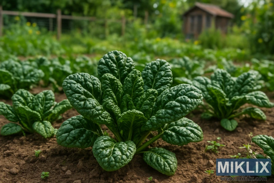 Савойский шпинат с темно-зелеными морщинистыми листьями растет в солнечном домашнем огороде с деревянным сараем на заднем плане. Савойский шпинат с темно-зелеными морщинистыми листьями растет в солнечном домашнем огороде с деревянным сараем на заднем плане.