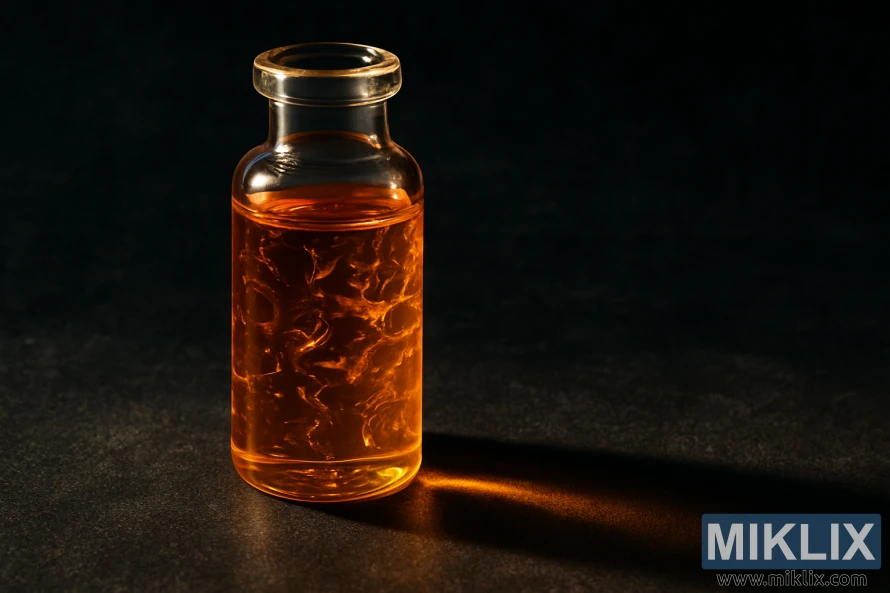 Lähivõte läbipaistvast klaasviaalist, mis on täidetud viskoosse kuldse-merevaigukollase humalaõliga, tumedal tekstuursel taustal, dramaatiliste varjude ja esiletõstmistega. Lähivõte läbipaistvast klaasviaalist, mis on täidetud viskoosse kuldse-merevaigukollase humalaõliga, tumedal tekstuursel taustal, dramaatiliste varjude ja esiletõstmistega.