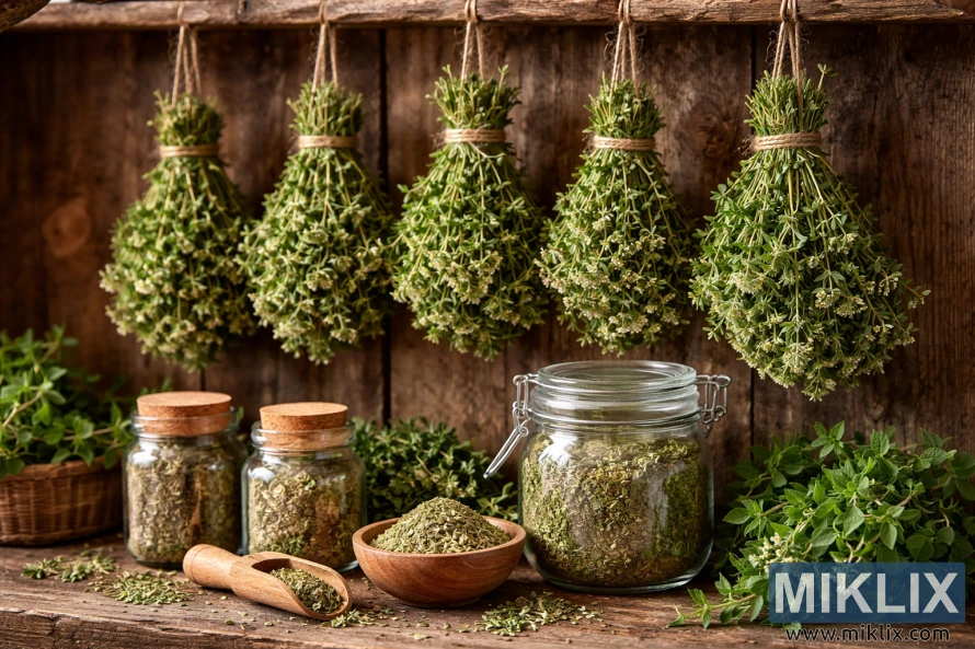 Bundles of oregano hanging to dry above jars filled with dried oregano leaves on a rustic wooden table