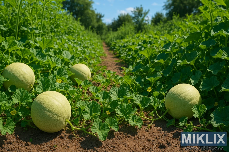 Ripe honeydew melons growing in a sunny garden with green vines and rich soil Ripe honeydew melons growing in a sunny garden with green vines and rich soil