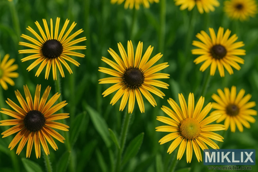 Close-up of Rudbeckia ‘Chim Chiminee’ showing quilled petals in shades of yellow, gold, and bronze under bright summer sunlight. Close-up of Rudbeckia ‘Chim Chiminee’ showing quilled petals in shades of yellow, gold, and bronze under bright summer sunlight.