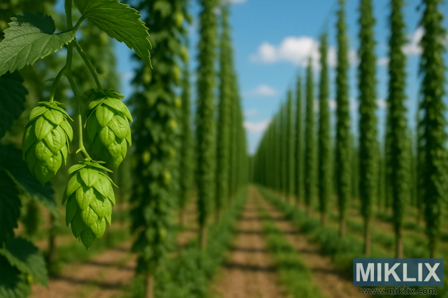 Primo piano di coni di luppolo Equinox di dimensioni realistiche appesi in primo piano, con alte file di luppoli a traliccio che si estendono in lontananza.