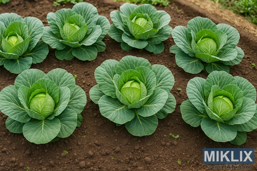 Zdrave zelene biljke kupusa rastu u urednim redovima u dobro održavanoj vrtnoj gredici. Zdrave zelene biljke kupusa rastu u urednim redovima u dobro održavanoj vrtnoj gredici.
