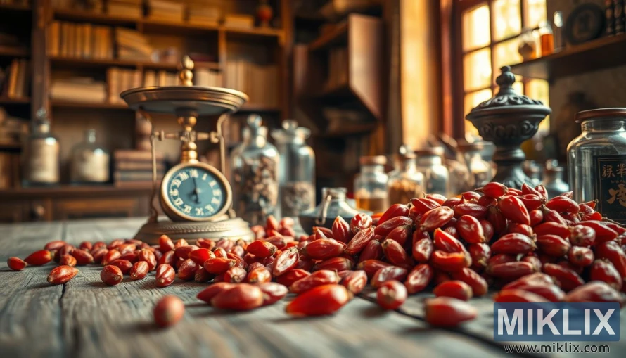 TCM ဆက်တင်တွင် ကြေးစကေး၊ ဆေးဖက်ဝင်အပင်များနှင့် အိုးများပါရှိသော သစ်သားစားပွဲပေါ်ရှိ Goji ဘယ်ရီသီးများ။ TCM ဆက်တင်တွင် ကြေးစကေး၊ ဆေးဖက်ဝင်အပင်များနှင့် အိုးများပါရှိသော သစ်သားစားပွဲပေါ်ရှိ Goji ဘယ်ရီသီးများ။