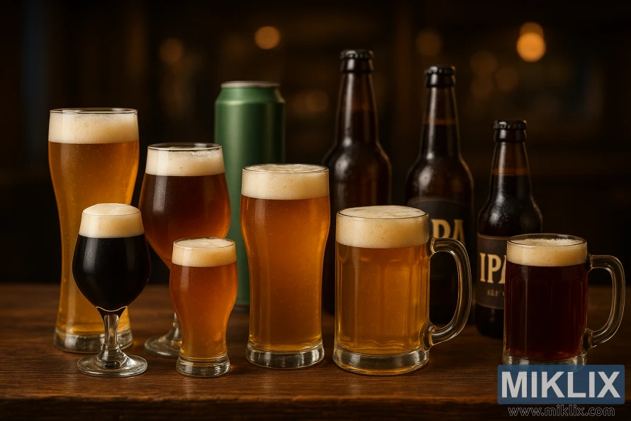 Assorterte ølglass, flasker og krus fylt med ulike stiler i varm pubbelysning, og fremhever Perle-humleallsidigheten.