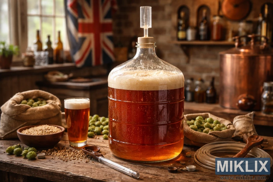 Glass carboy of fermenting British ale on a wooden table with hops, barley, and brewing tools in a rustic British homebrewing room.