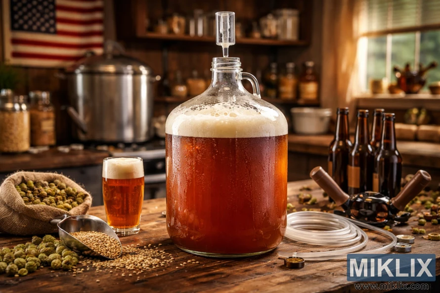 Glass carboy of fermenting amber ale with foamy krausen and airlock on a rustic wooden table, surrounded by hops, grain, bottles, and brewing equipment in a warm kitchen setting.