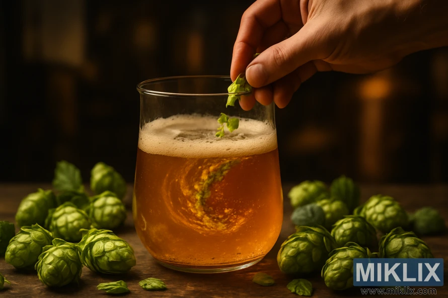 Pivar dodaje hmelj Zenith u zlatnu sladovinu u staklenoj posudi za kuhanje.