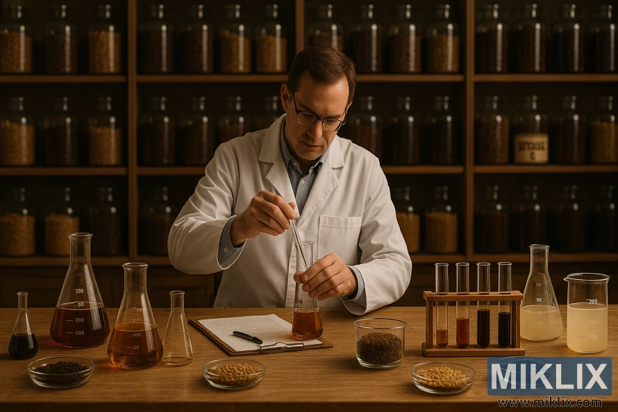 Pivar u laboratorijskom ogrtaču mjeri sastojke za stolom sa sladovima i opremom.