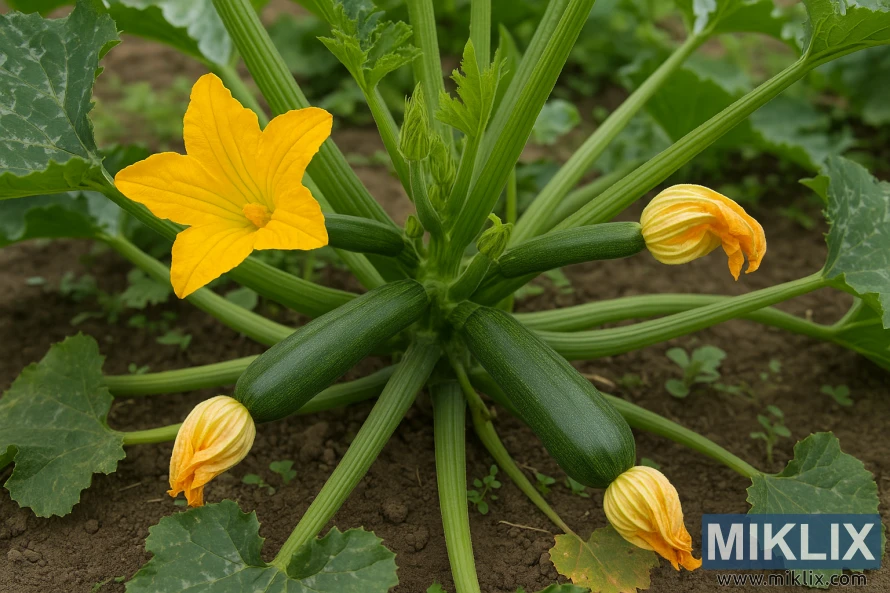 ਇੱਕ ਬਾਗ਼ ਵਿੱਚ ਉੱਗਦਾ ਚਮਕਦਾਰ ਪੀਲੇ ਫੁੱਲਾਂ ਅਤੇ ਵਿਕਸਤ ਹਰੇ ਫਲਾਂ ਵਾਲਾ ਸਿਹਤਮੰਦ ਉ c ਚਿਨੀ ਪੌਦਾ। ਇੱਕ ਬਾਗ਼ ਵਿੱਚ ਉੱਗਦਾ ਚਮਕਦਾਰ ਪੀਲੇ ਫੁੱਲਾਂ ਅਤੇ ਵਿਕਸਤ ਹਰੇ ਫਲਾਂ ਵਾਲਾ ਸਿਹਤਮੰਦ ਉ c ਚਿਨੀ ਪੌਦਾ।