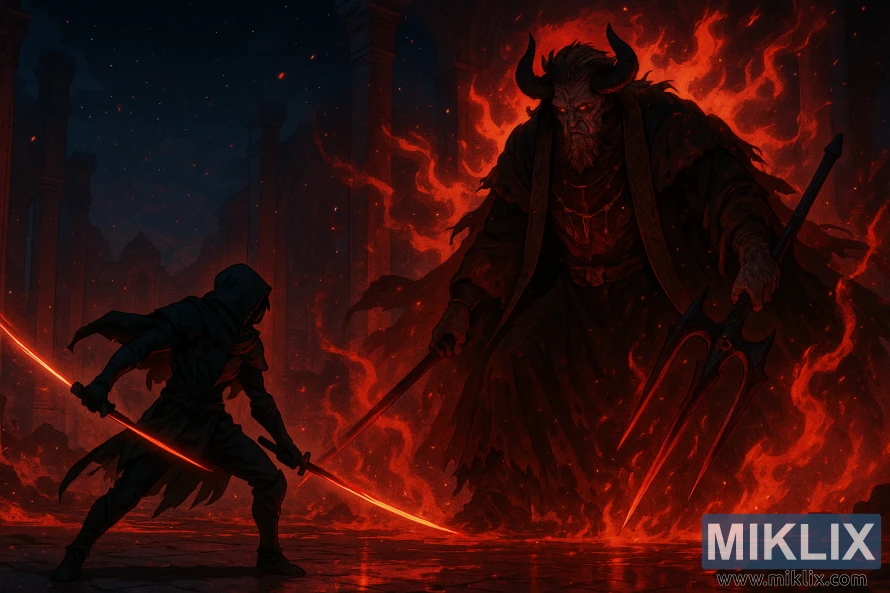 Anime-style Black Knife warrior facing Mohg, Lord of Blood, in a fiery landscape within Mohgwyn Palace. Anime-style Black Knife warrior facing Mohg, Lord of Blood, in a fiery landscape within Mohgwyn Palace.
