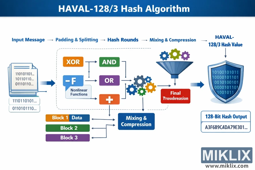 Infographic showing how the HAVAL hash algorithm processes an input message through padding, block processing, nonlinear operations, mixing and compression to produce a final hash value. Infographic showing how the HAVAL hash algorithm processes an input message through padding, block processing, nonlinear operations, mixing and compression to produce a final hash value.