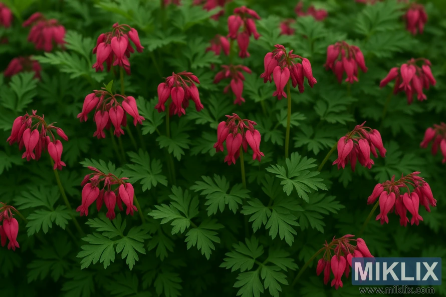 Close-up of Luxuriant Bleeding Heart plants with deep rose-pink heart-shaped flowers and fern-like green foliage in a natural garden setting. Close-up of Luxuriant Bleeding Heart plants with deep rose-pink heart-shaped flowers and fern-like green foliage in a natural garden setting.