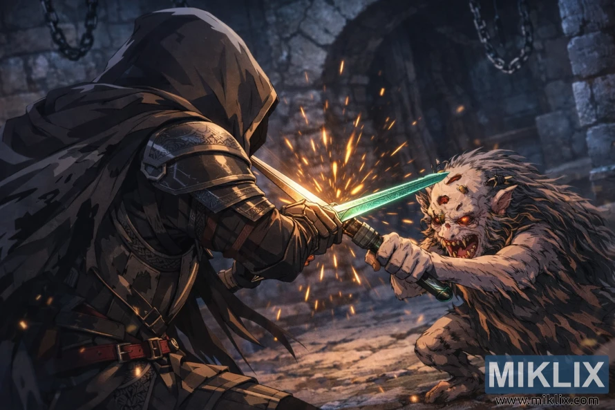 Anime-style scene of the Tarnished in Black Knife armor seen partly from behind, clashing blades with the smaller Demi-Human Swordmaster Onze wielding a bluish glowing sword inside the dark stone halls of Belurat Gaol, sparks flying. Anime-style scene of the Tarnished in Black Knife armor seen partly from behind, clashing blades with the smaller Demi-Human Swordmaster Onze wielding a bluish glowing sword inside the dark stone halls of Belurat Gaol, sparks flying.