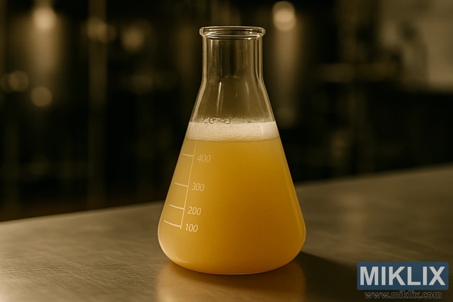 不锈钢表面上的透明玻璃锥形瓶中装满了浑浊的金色液体,在模糊的酿酒厂背景下发出温暖的灯光。 不锈钢表面上的透明玻璃锥形瓶中装满了浑浊的金色液体,在模糊的酿酒厂背景下发出温暖的灯光。