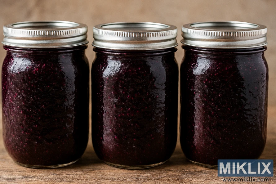 Three glass jars of deep purple homemade honeyberry jam on a rustic wooden surface with a blurred beige background. Three glass jars of deep purple homemade honeyberry jam on a rustic wooden surface with a blurred beige background.