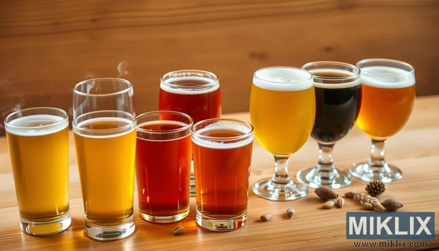 옅은 금색에서 진한 호박색까지 다양한 색상의 맥주가 담긴 시음잔의 클로즈업. 근처에는 홉과 보리가 있습니다.