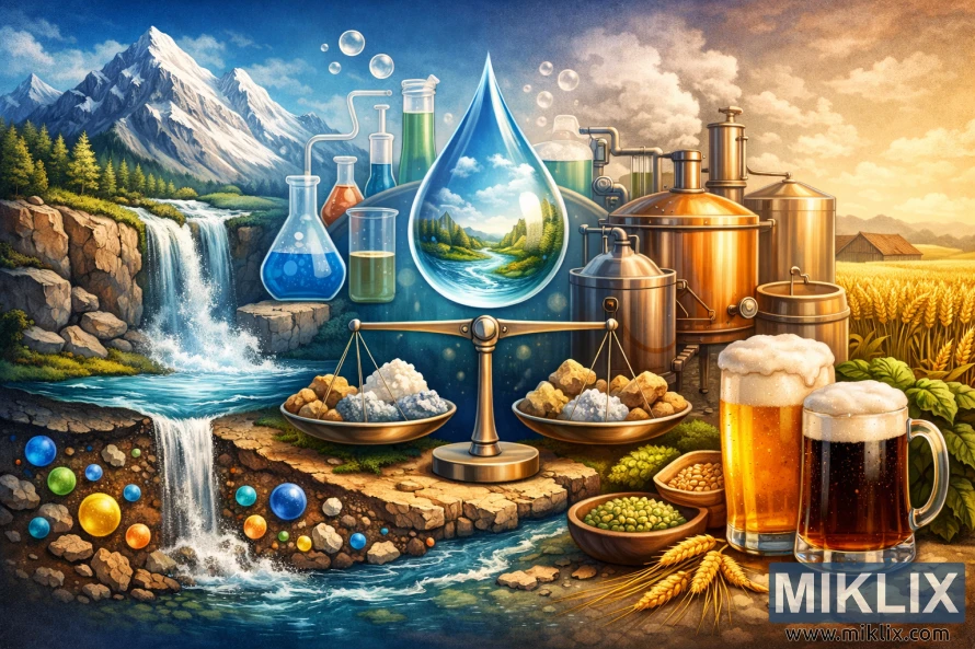 Artistic illustration showing water flowing from nature through chemistry into the beer brewing process, with mountains, minerals, brewing equipment, and finished beer. Artistic illustration showing water flowing from nature through chemistry into the beer brewing process, with mountains, minerals, brewing equipment, and finished beer.