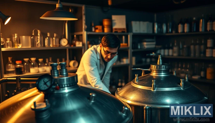 穿著實驗服的技術人員在昏暗的實驗室裡檢查不銹鋼發酵槽。