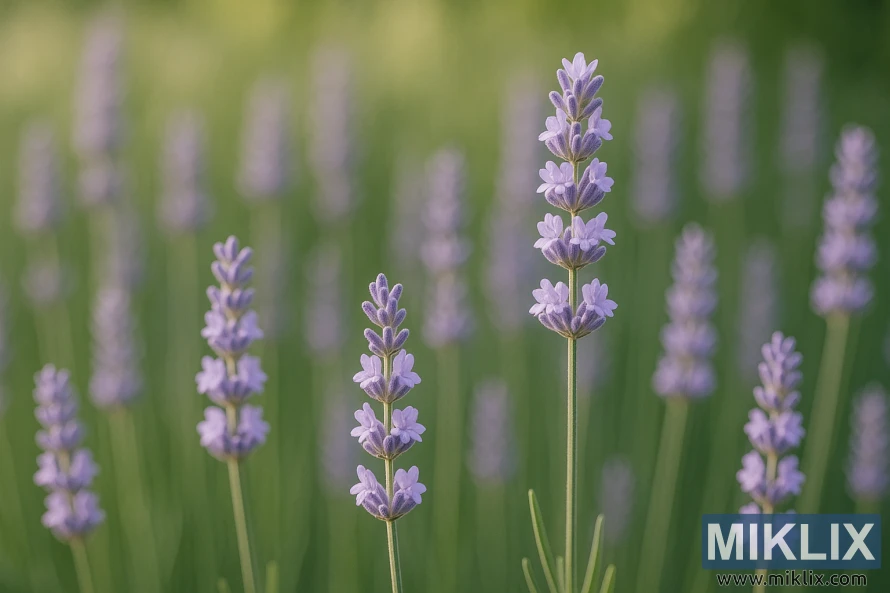 Detaljeret nærbillede af Provence hybrid lavendel med bløde lys lilla blomster på lange slanke stængler i en solbeskinnet have. Detaljeret nærbillede af Provence hybrid lavendel med bløde lys lilla blomster på lange slanke stængler i en solbeskinnet have.