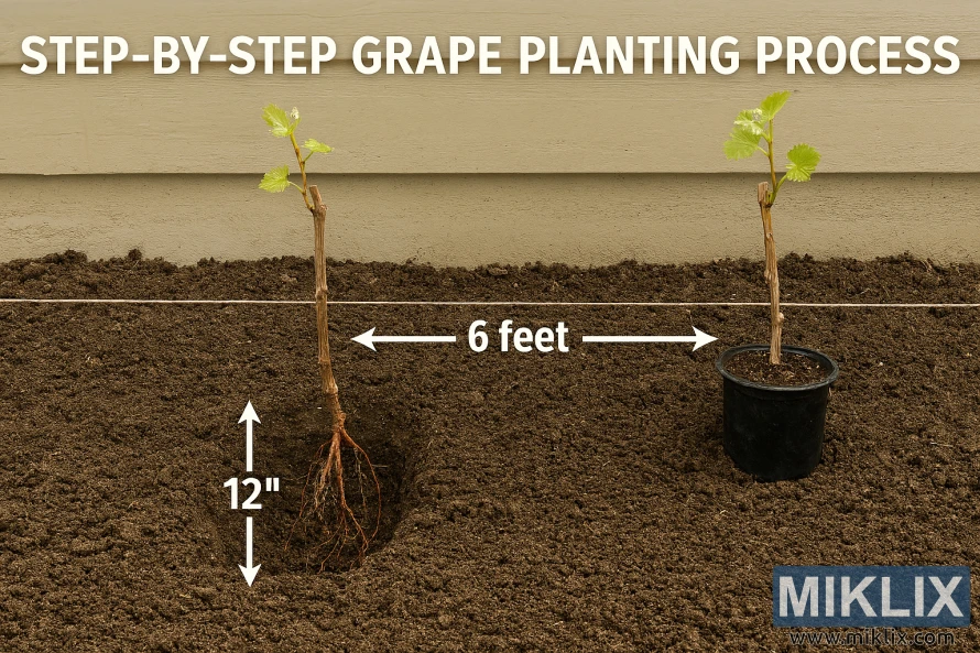 Step-by-step grape planting image showing proper depth and spacing between seedlings