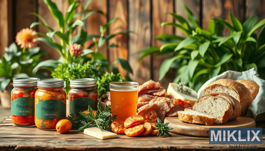 Probiotisko pārtikas produktu sortiments, tostarp skābēti kāposti, kimchi, kombucha, siers, maize un kūpināta gaļa uz lauku galda.