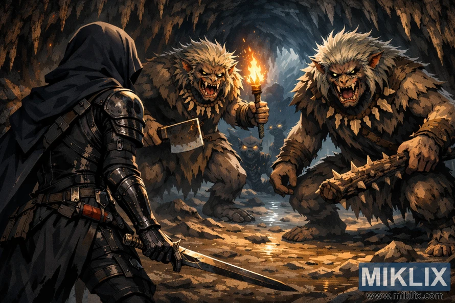 Фантастична сцена во аниме стил на Оцрнетиот во оклоп од црн нож, гледан одзади лево, свртен кон двајца получовечки поглавари во крајбрежна пештера осветлена со факел пред битка.