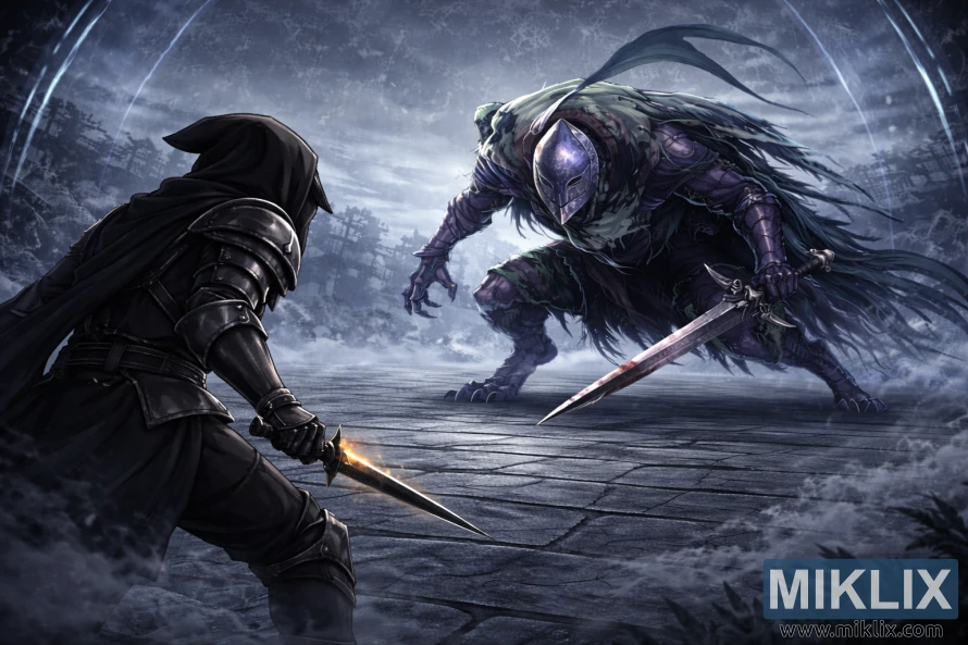 Anime fantasy scene of the Tarnished seen from behind facing a larger Bloodhound Knight Darriwil with a sword in a misty magical arena. Anime fantasy scene of the Tarnished seen from behind facing a larger Bloodhound Knight Darriwil with a sword in a misty magical arena.